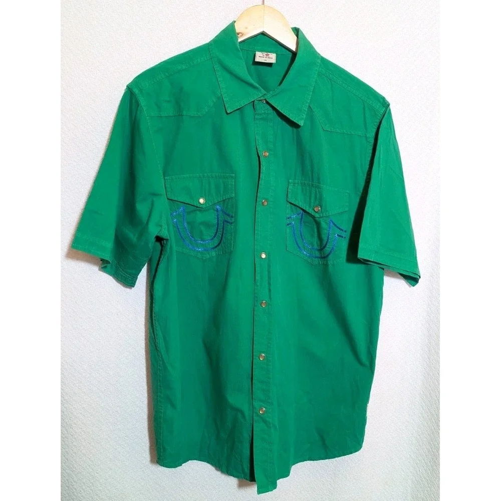 True Religion Mens Shirt Green Short Sleeve Western Pearl Snap  Sz XL Textured
